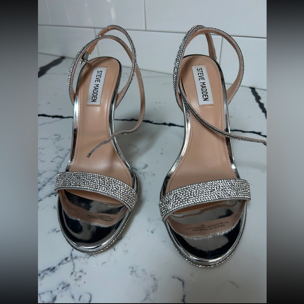 Size 8, silver and diamond studded heels